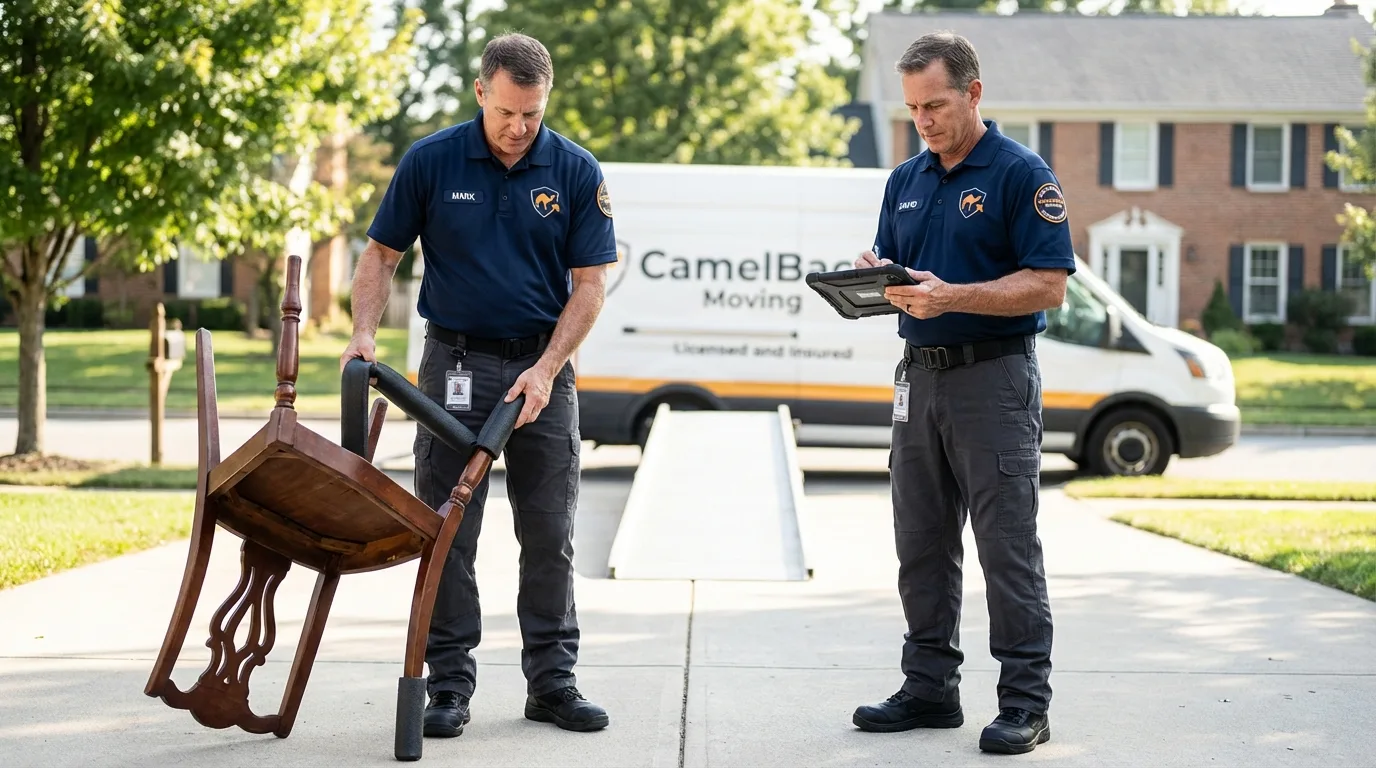 Movers inspecting furniture for damage prevention before loading in Snowflake, AZ